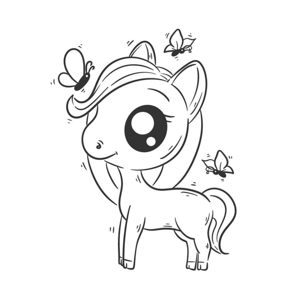 mignonne Licorne est en jouant avec papillon dessin animé vecteur pour coloration