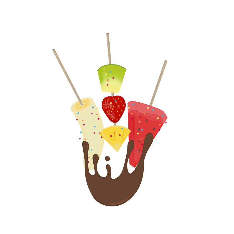 illustration logo Frais fruit avec une brochette et plongé dans Chocolat ou es koul koul vecteur