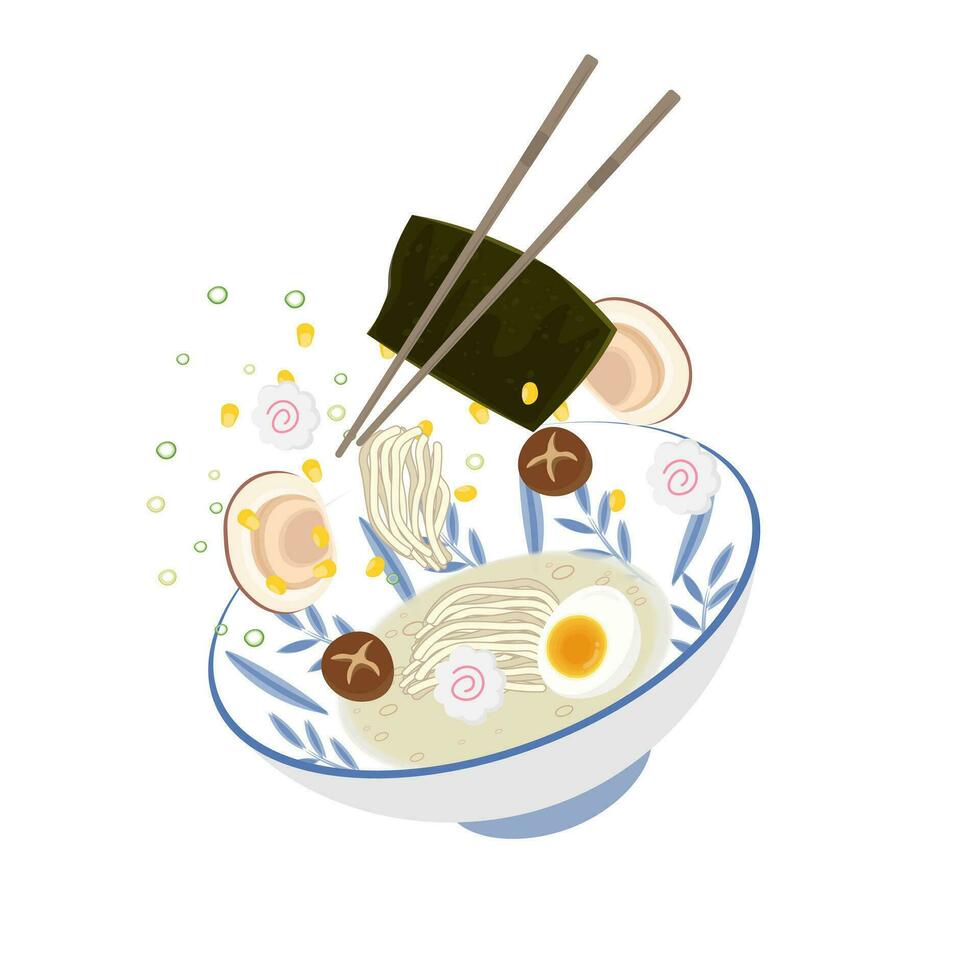 shoyu ramen illustration logo avec Viande et légume Garniture vecteur