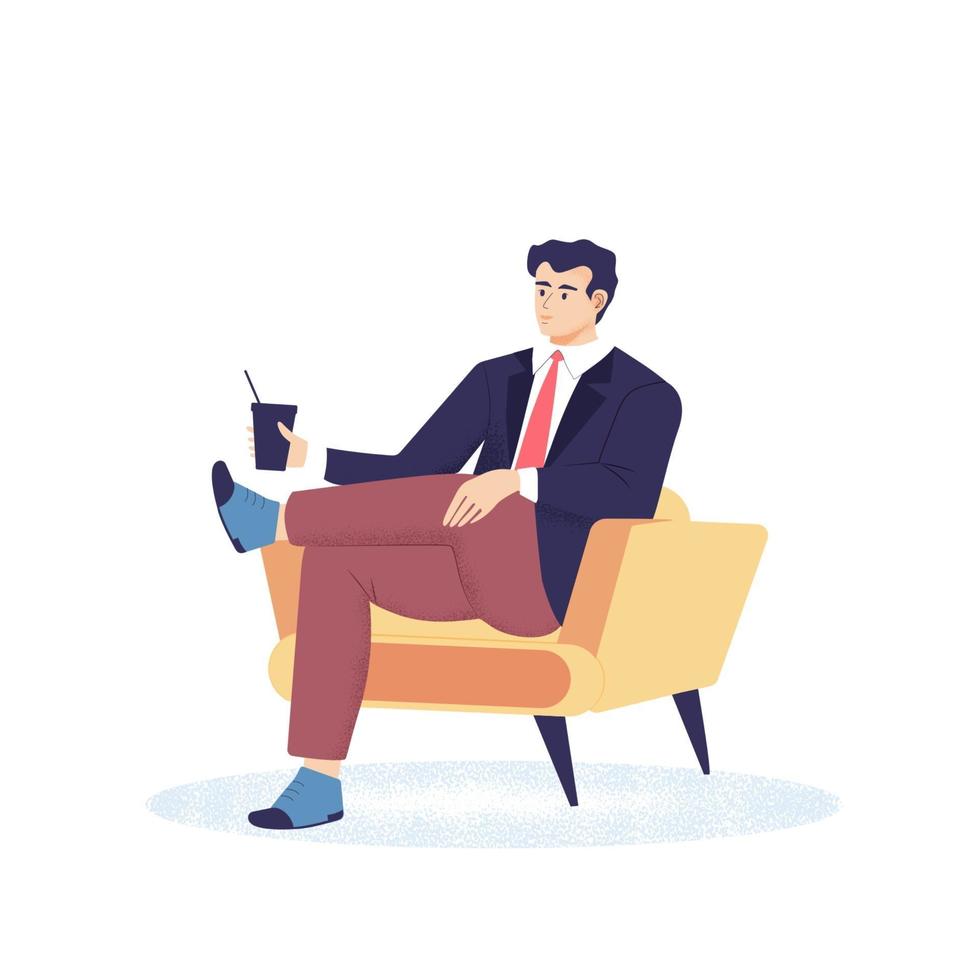 jeune homme assis sur une chaise confortable, mec se relaxant et buvant du café dans un verre avec une paille dans un café ou une cafétéria. vecteur