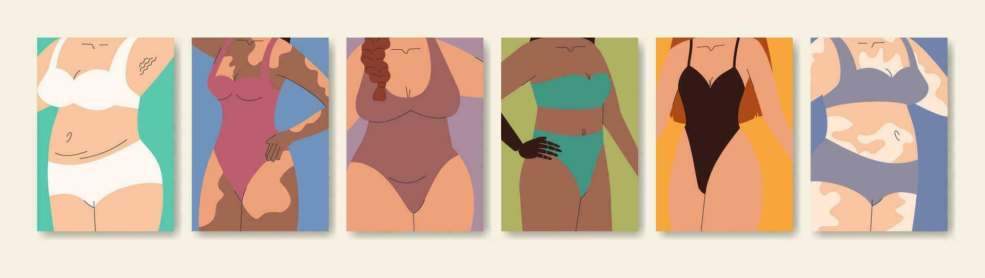 multiracial femmes de différent figure type permanent ensemble affiche illustration vecteur