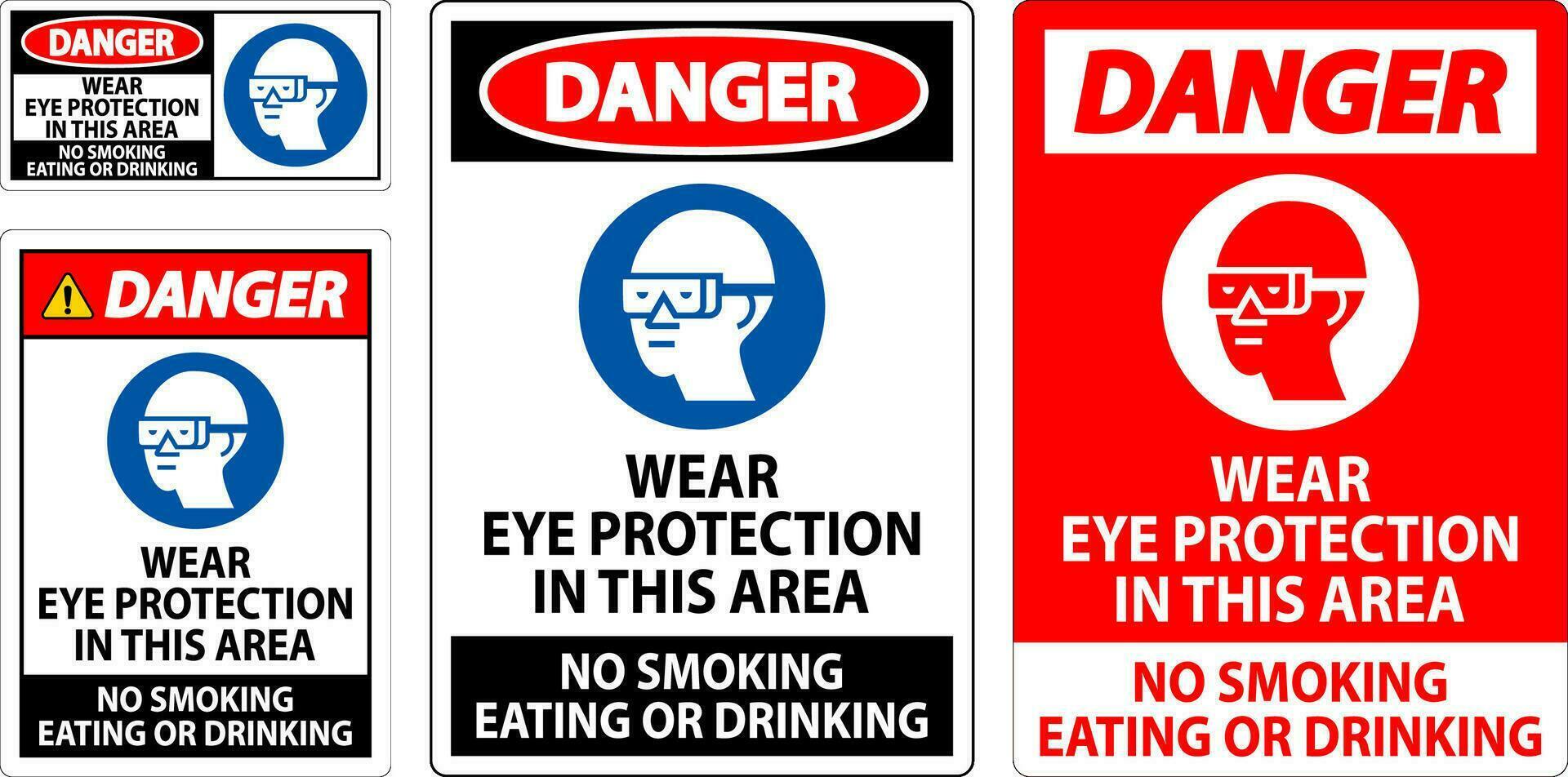 danger signe porter œil protection dans cette zone, non fumeur en mangeant ou en buvant vecteur