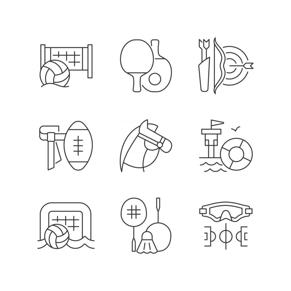 Ensemble d'icônes linéaires d'activités de camp d'été. Beach-volley. ping pong. tir à l'arc. monter à cheval. symboles de contour de ligne mince personnalisables. illustrations de contour de vecteur isolé. trait modifiable