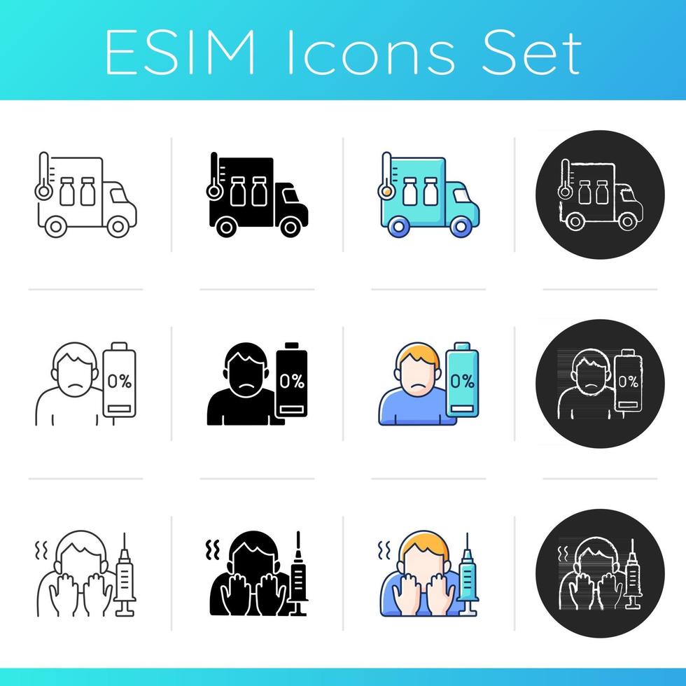ensemble d'icônes de vaccination covid. transport des vaccins. somnolence et fatigue. effet secondaire de l'injection. peur des aiguilles. styles de couleurs linéaires, noir et rvb. illustrations vectorielles isolées vecteur