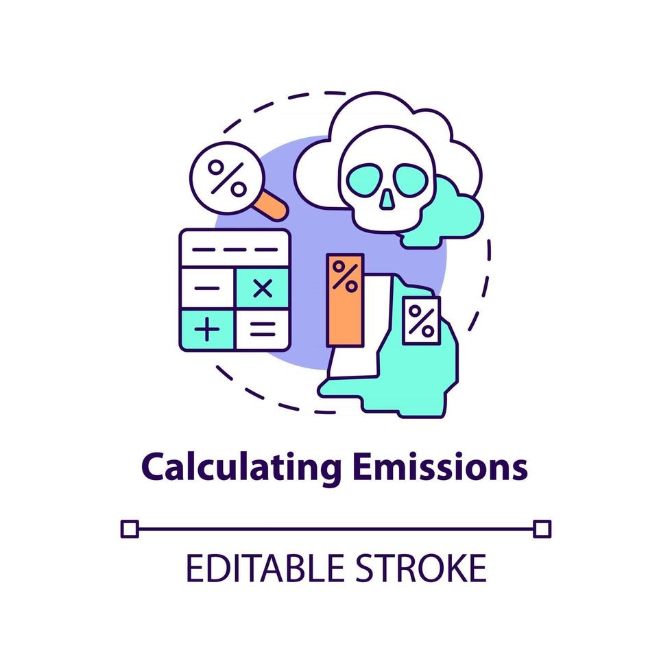 calcul de l'icône de concept d'émissions. illustration de ligne mince d'idée abstraite de compensation de carbone. estimation de l'empreinte carbone. lutter contre le changement climatique. dessin de couleur de contour isolé de vecteur. trait modifiable vecteur