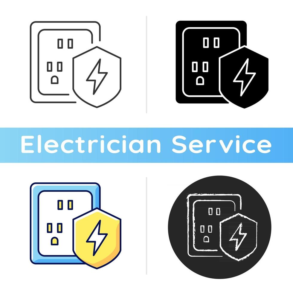 icône de protection contre les surtensions. protection des installations électriques. prévention des risques de pics de tension. sécurité de l'équipement dans le ménage. styles de couleurs linéaires noir et rvb. illustrations vectorielles isolées vecteur