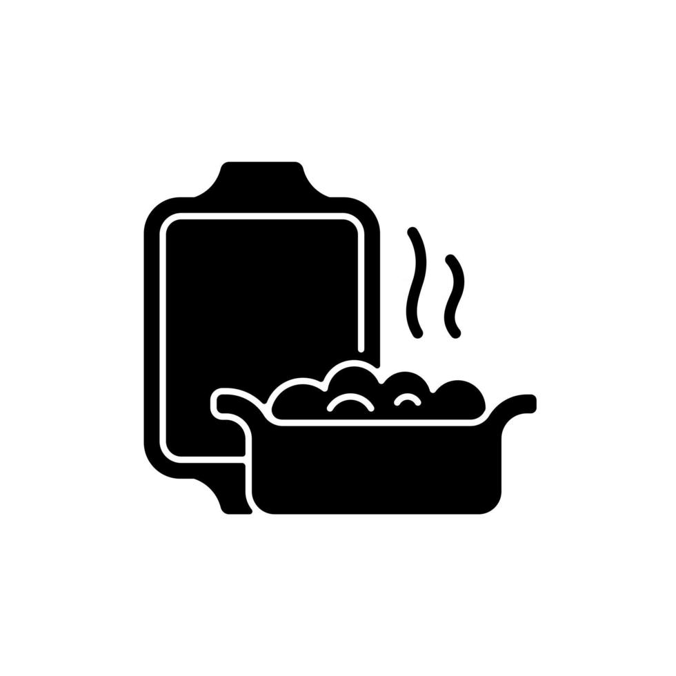 icône de glyphe noir de plat de four en céramique. matériau spécial pour faire face à des températures élevées. équipement de cuisine. outils de cuisine modernes. symbole de silhouette sur un espace blanc. illustration vectorielle isolée vecteur