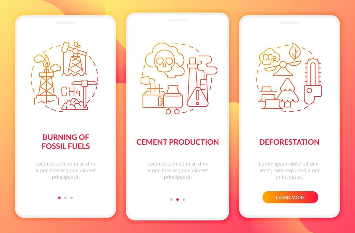 Le carbone anthropique libère l'écran de la page de l'application mobile avec des concepts. Procédure pas à pas pour la combustion des carburants Instructions graphiques en 3 étapes. modèle vectoriel ui, ux, gui avec des illustrations en couleurs linéaires