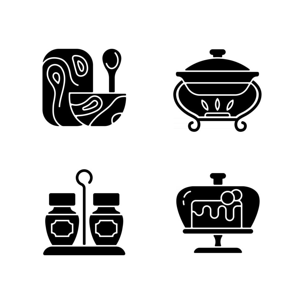 icônes de glyphe noir de vaisselle moderne sur un espace blanc. vaisselle en bois pour la cuisine. plateau chauffant pour le repas. réchaud qui garde les aliments au chaud. symboles de silhouette. illustration vectorielle isolée vecteur