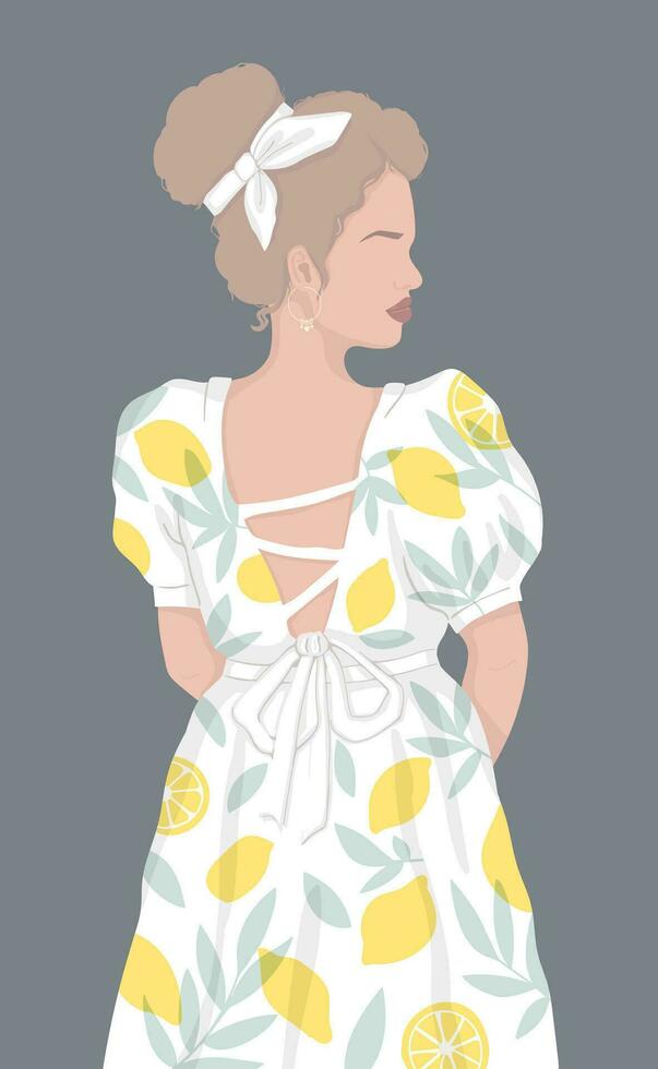 une sans visage femme dans une blanc robe avec peint citrons des stands avec sa retour à nous. vecteur plat moderne été illustration. pour affiche, carte postale, livre ou magazine couverture. isolé par couches