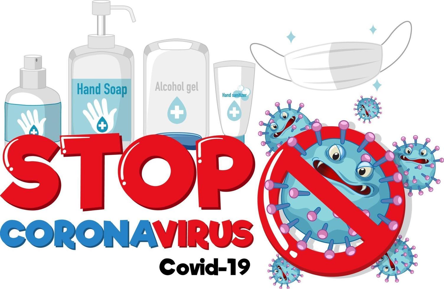 arrêter la conception de polices de coronavirus avec des produits désinfectants sur fond blanc vecteur