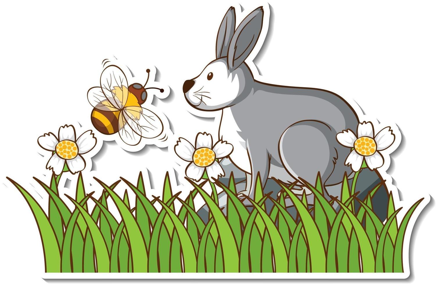 un lièvre avec une petite abeille dans un champ d'herbe autocollant vecteur
