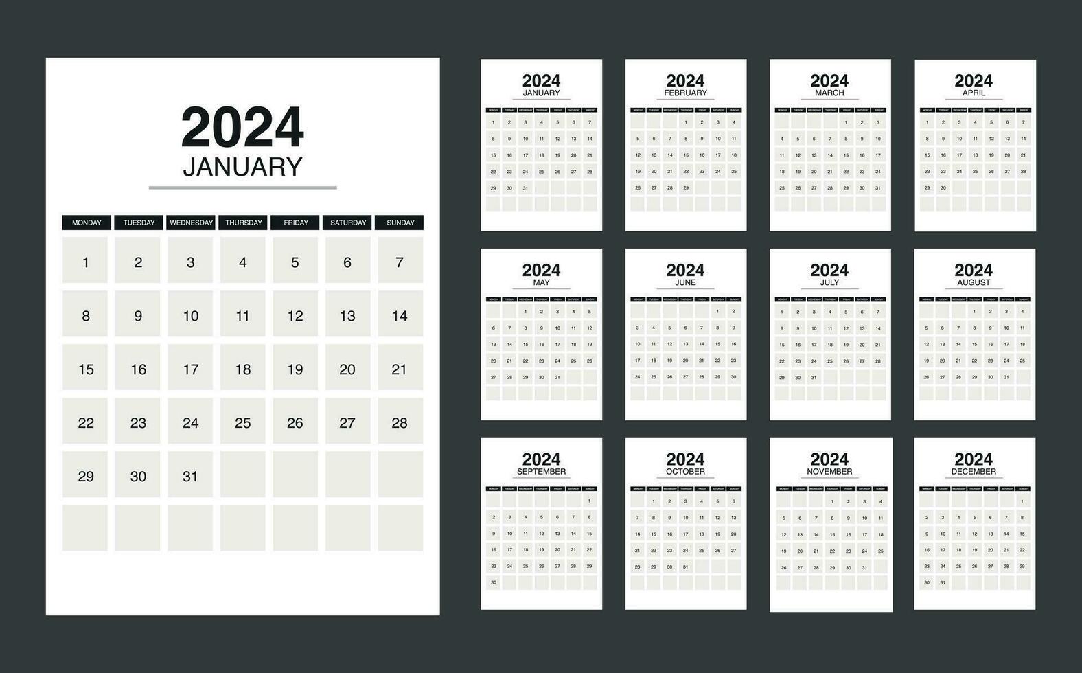 calendrier 2024 la semaine début lundi. modifiable 2024 calendrier conception modèle pour content Nouveau année vecteur