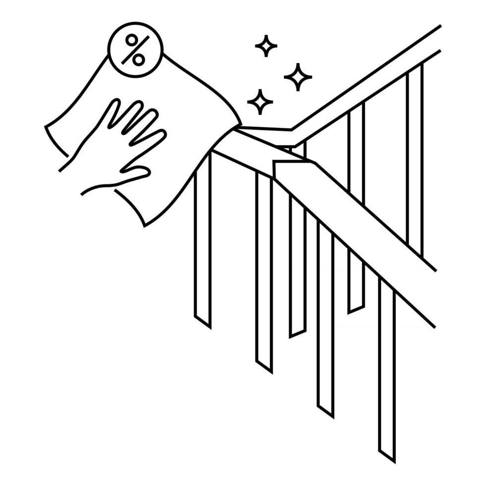 désinfection des mains courantes. balustrade et lingette antibactérienne. signe d'assainissement et d'hygiène. désinfectez la rampe avec un spray désinfectant. stérilisation à domicile, nettoyage des surfaces, nettoyage de la maison vecteur