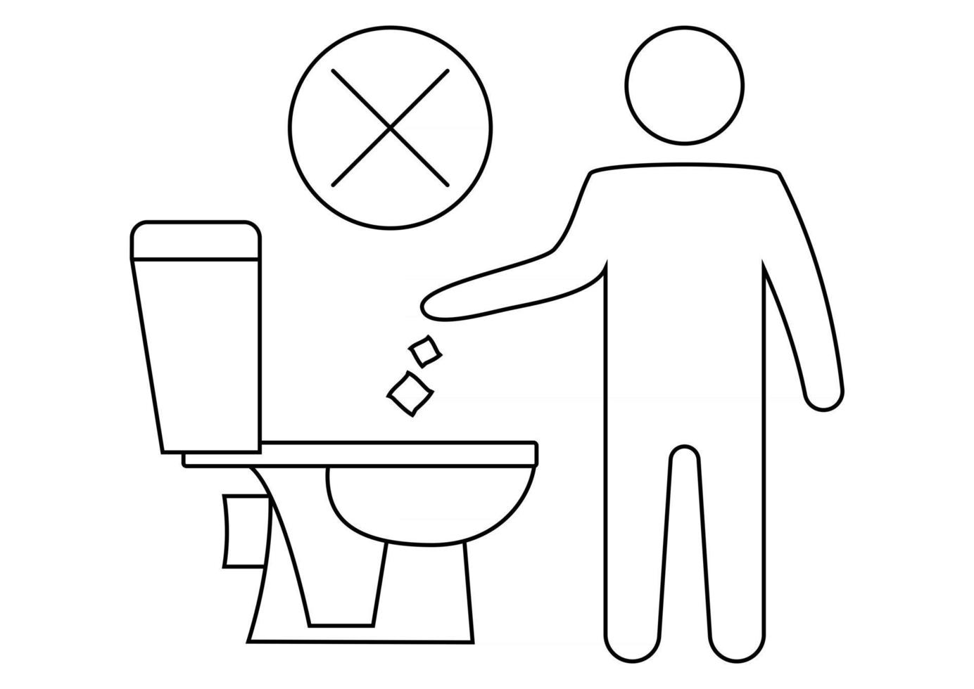 ne jetez pas de déchets dans les toilettes. garder la propreté, signe. la silhouette d'un homme, jetez des ordures dans les toilettes. icône interdite. pas de détritus, symbole d'avertissement. information publique. trait modifiable vecteur