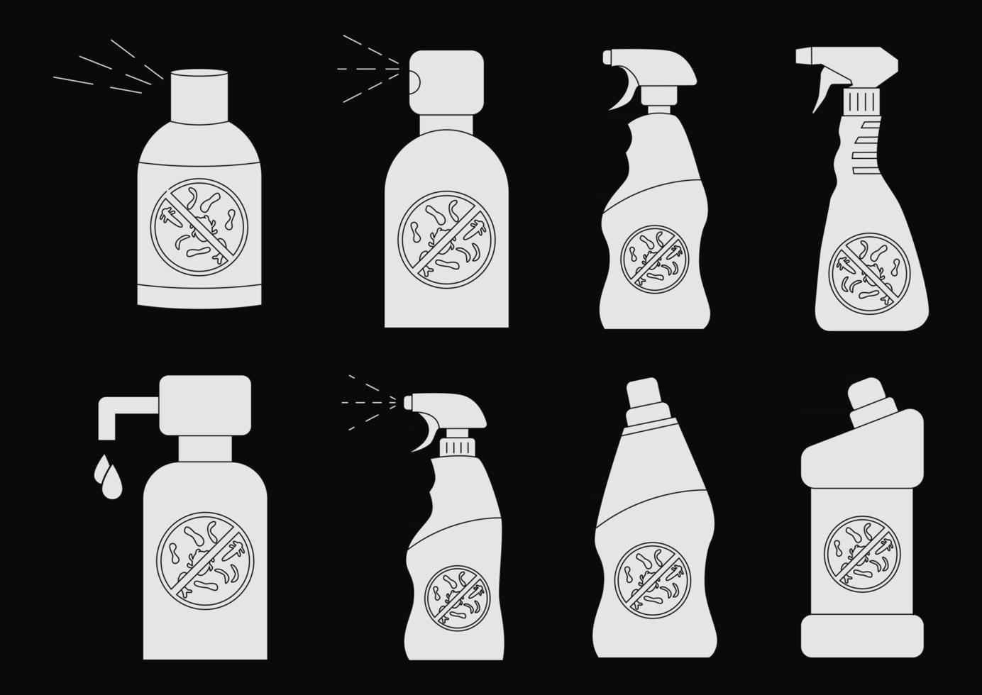 bouteilles de désinfectant pour les mains. bouteilles de produits chimiques ménagers. détergent liquide ou savon, détachant, eau de javel, nettoyant pour toilettes. bidon de désinfectant avec doseur à pompe. vecteur