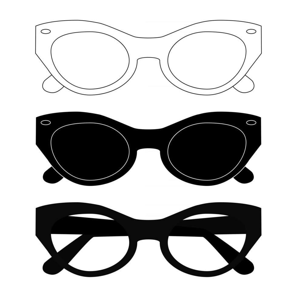 ensemble de lunettes de soleil noires. symbole de lunettes de soleil plat sur fond blanc. silhouette de jante de lunettes de style moderne. accessoires optiques élégants pour hommes et femmes. icônes d'ombre. vecteur