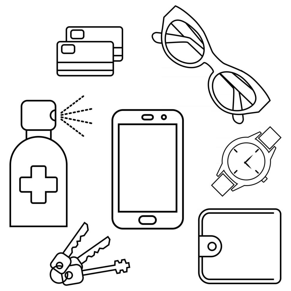 désinfection du téléphone, du portefeuille, des clés, de la carte de crédit, des lunettes de soleil et des montres à main. désinfectant portable personnel, portefeuille et clés utilisé désinfectant. désinfection des smartphones. ensemble d'icônes de contour vecteur