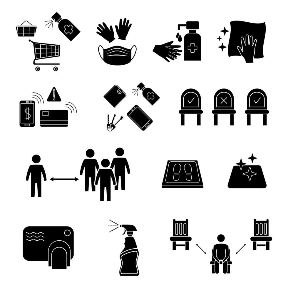 coronavirus, icônes de prévention des virus. achats en toute sécurité. distanciation sociale. garder une distance entre les gens. éviter la foule. désinfection de toutes les surfaces. glyphe. vecteur