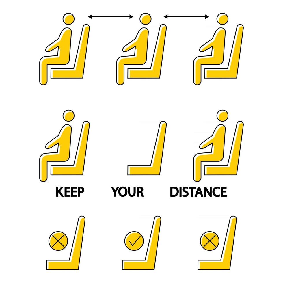 garde tes distances. ne vous asseyez pas ici. icône interdite pour le siège. distance sociale dans un espace public. signe d'interdiction. règle de confinement. gardez vos distances lorsque vous êtes assis. homme sur la chaise vecteur