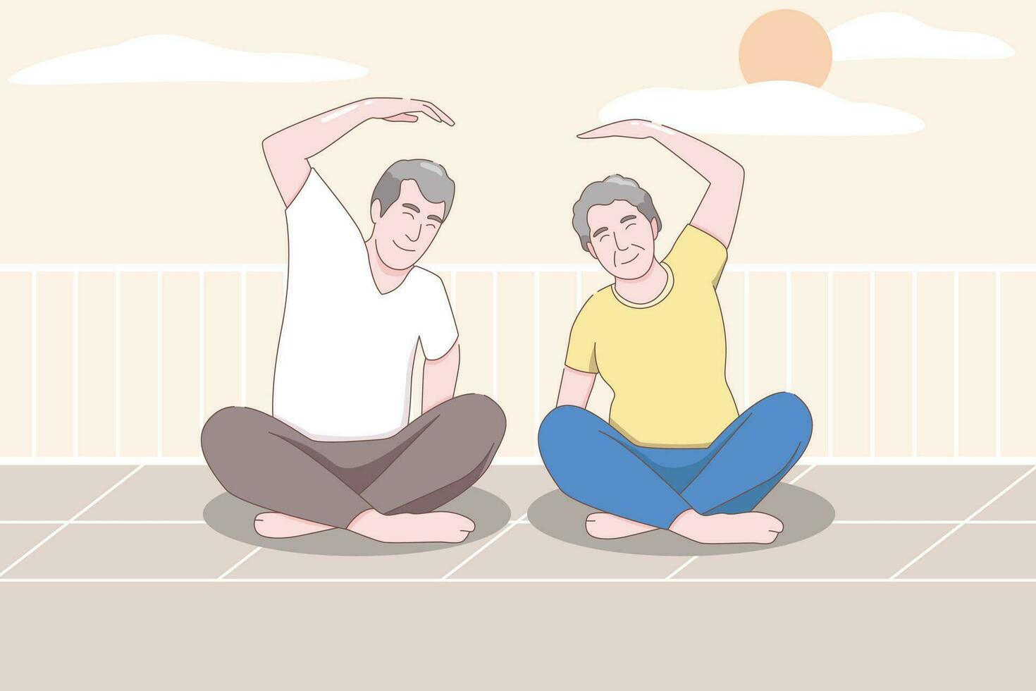 personnes âgées couple pratiquant yoga, grands-parents Faire des exercices, sport, Matin des exercices, dessin animé vecteur illustration.