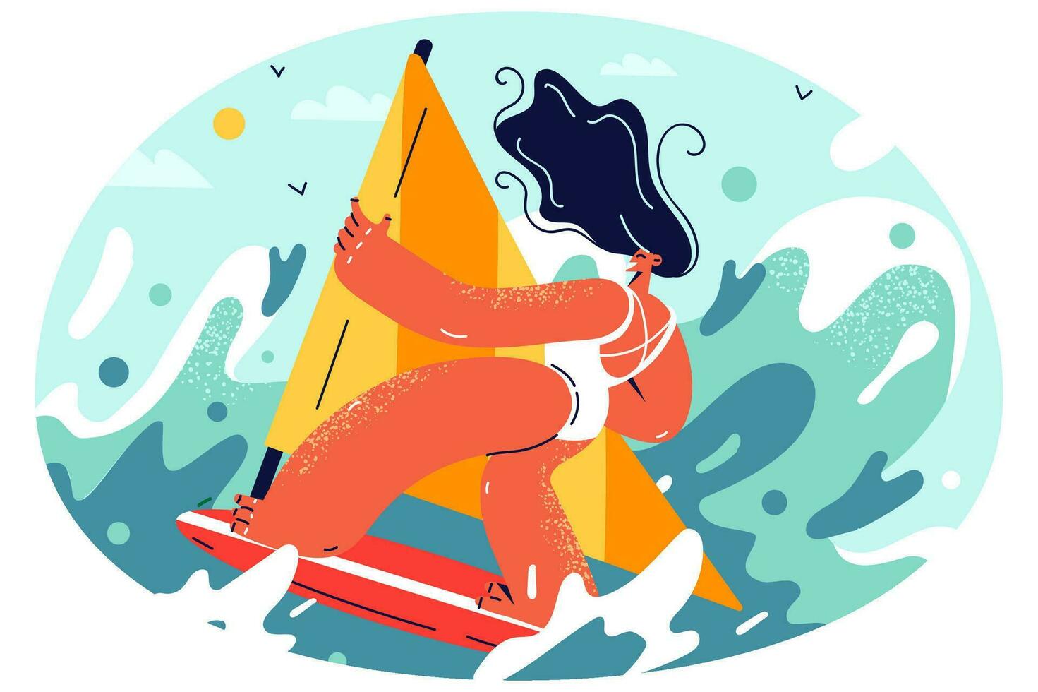 content femme dans bikini surfant sur planche dans mer. souriant actif fille avoir amusement planche à voile à été vacances. heure d'été activité. vecteur illustration.