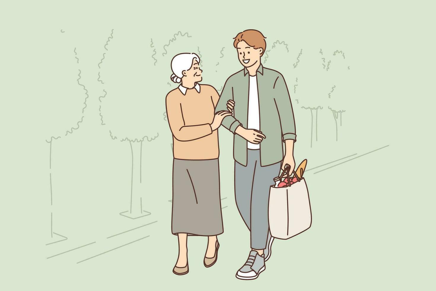 Jeune homme aide vieux femme à porter lourd sac de épicerie magasin, pour concept de le respect pour retraités. vieux femme des promenades vers le bas rue avec petit fils porter paquet et souriant regards à grandi gars vecteur
