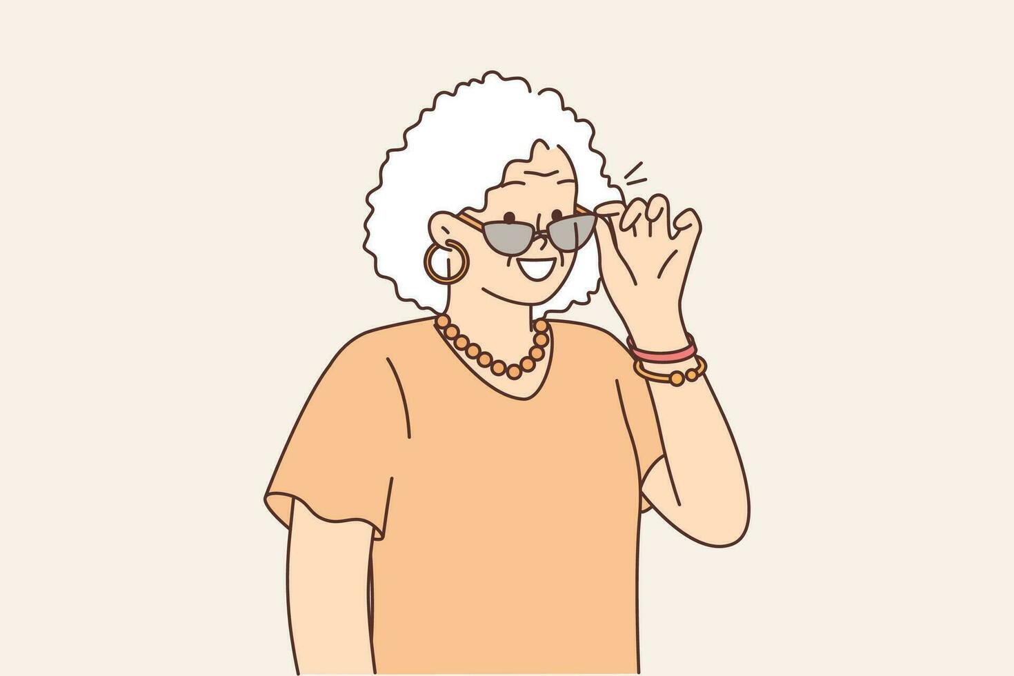 personnes âgées à la mode femme prend de des lunettes de soleil et sourires, sentiment zeste pour la vie après retraite. aux cheveux gris grand-mère dans à la mode vêtements et élégant accessoires, pour concept actif vieux âge vecteur