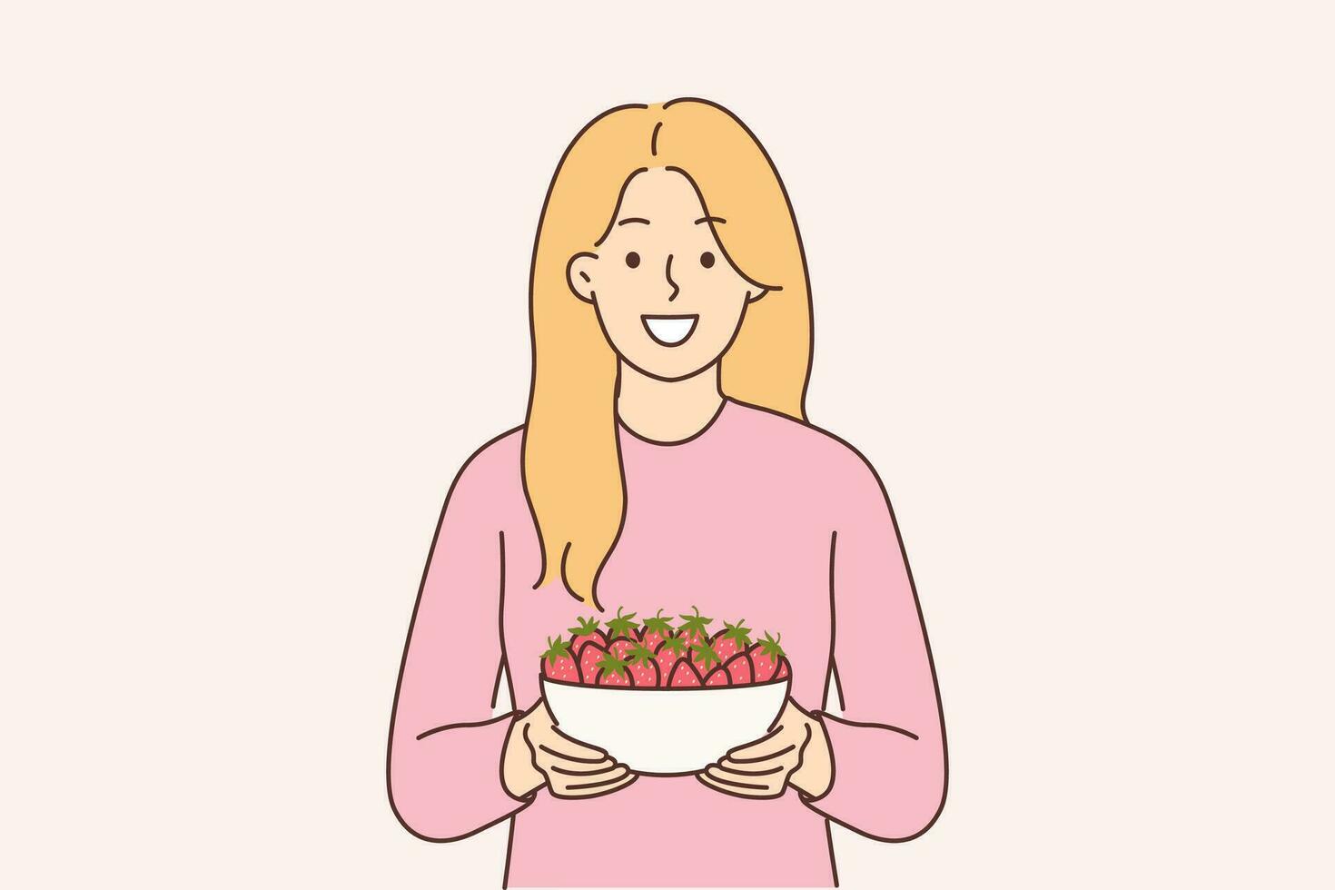 femme détient assiette de des fraises et sourires, des offres à essayer Frais baies et ferme des fruits. fille avec sourire regards à écran recommander en mangeant biologique des fraises contenant antioxydants vecteur