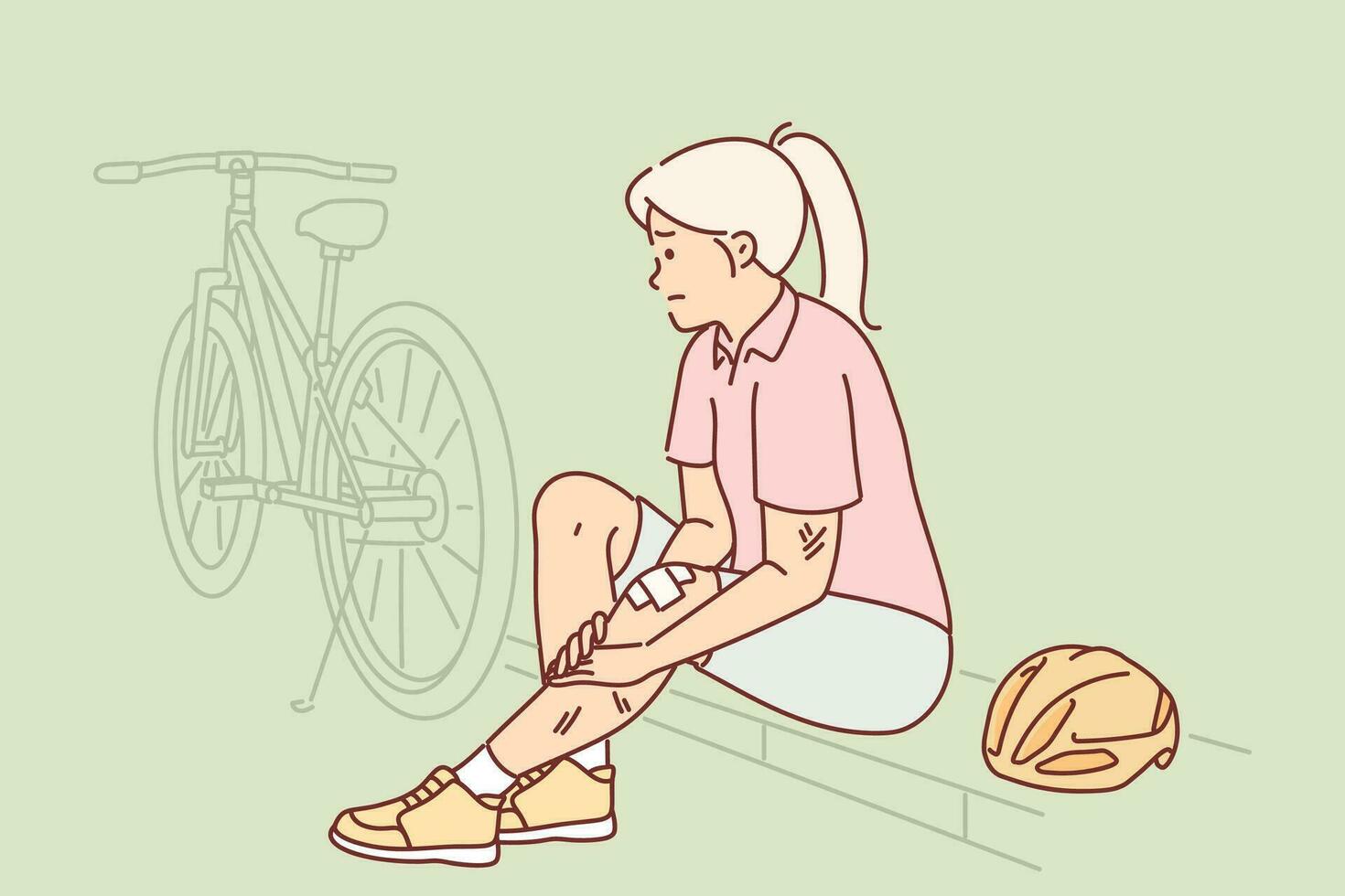 femme cycliste a blessé jambe après chute de bicyclette et est assis sur freiner dans avoir besoin de médecin aider. concept de accident pendant bicyclette balade dû à négligent équitation et violations de sécurité règles vecteur