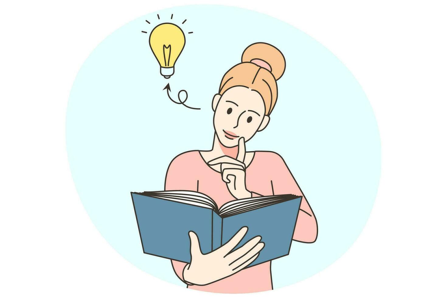 Jeune femme en train de lire livre avoir Créatif affaires idée. femelle engagé dans en train de lire générateur innovation. connaissance et intelligence. vecteur illustration.