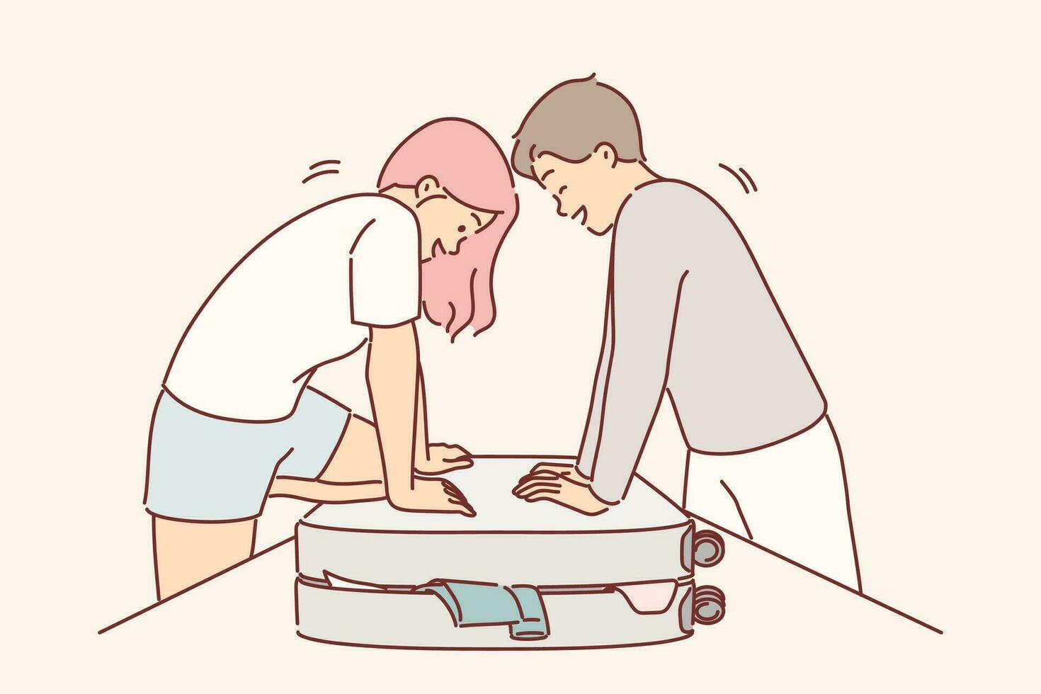 couple est emballage en haut bagage pour Voyage et en essayant à proche rembourré valise plein de vêtements. content homme et femme emballage Voyage sac pour vacances voyage sentiment joyeux anticipation de voyage vecteur