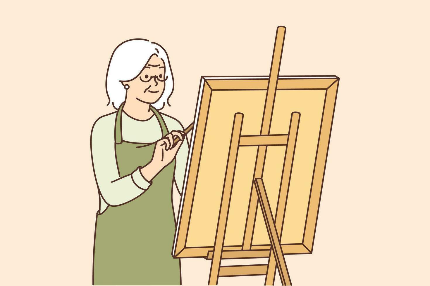 personnes âgées femme artiste des stands près chevalet et dessine image profiter Créatif loisir après sortant. aux cheveux gris grand-mère est friand de dessin et rêves de devenir célèbre artiste ou vente posséder oeuvres d'art vecteur