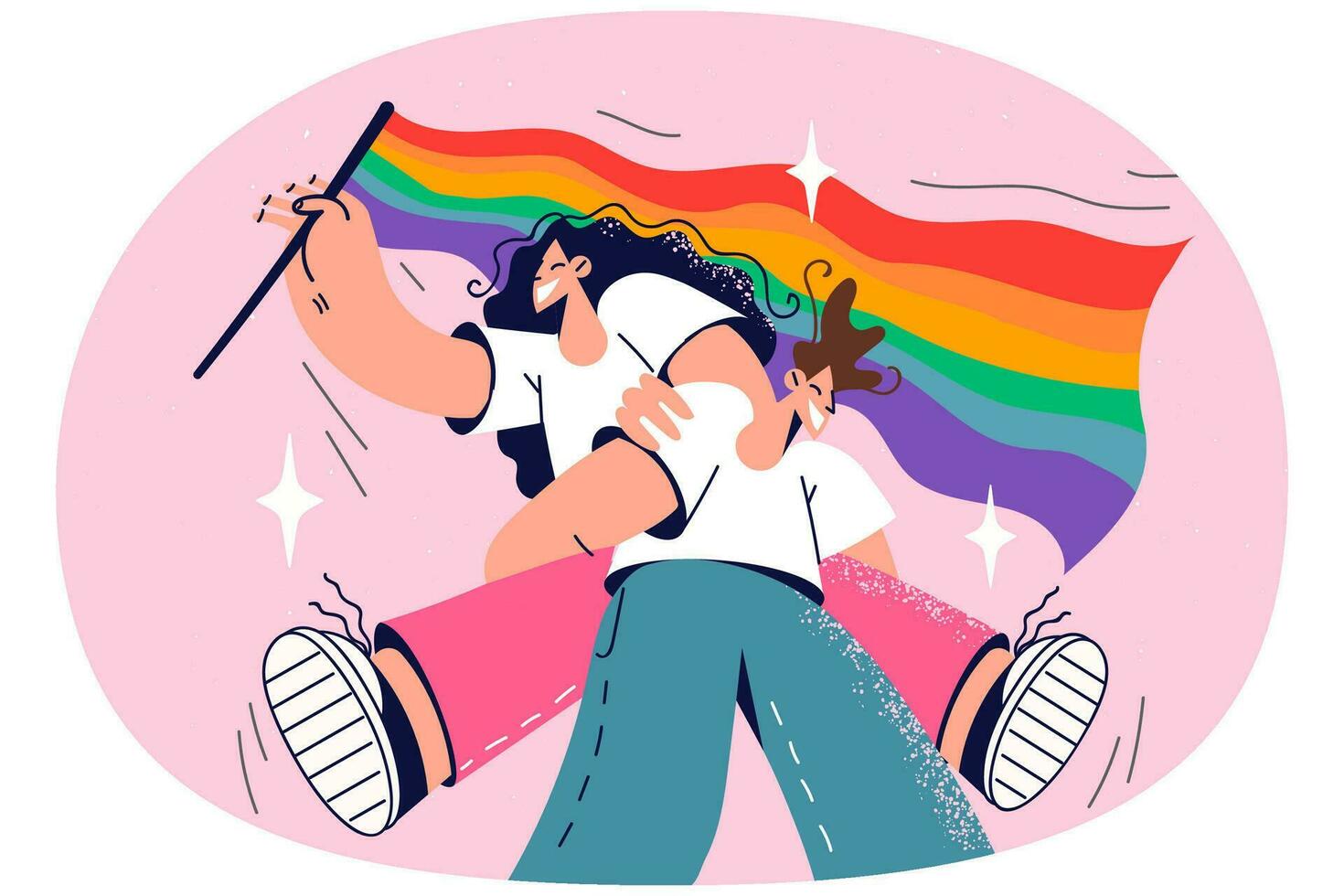 content couple avec lgbt drapeau en marchant sur fierté parade. souriant gens justificatif homosexuel des relations. homosexualité et même sexe rapports. vecteur illustration.