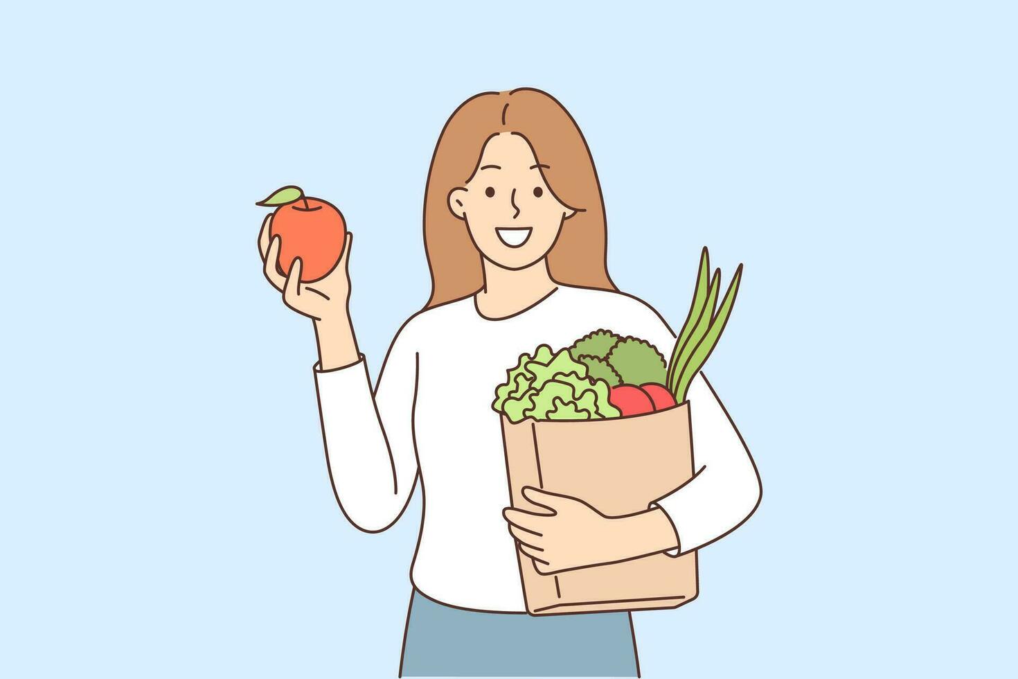 femme acheteur acheté des fruits et des légumes dans épicerie supermarché et détient papier sac recommander à refuser Plastique emballage. fille acheteur de biologique nourriture boutique sourit et regards à écran vecteur