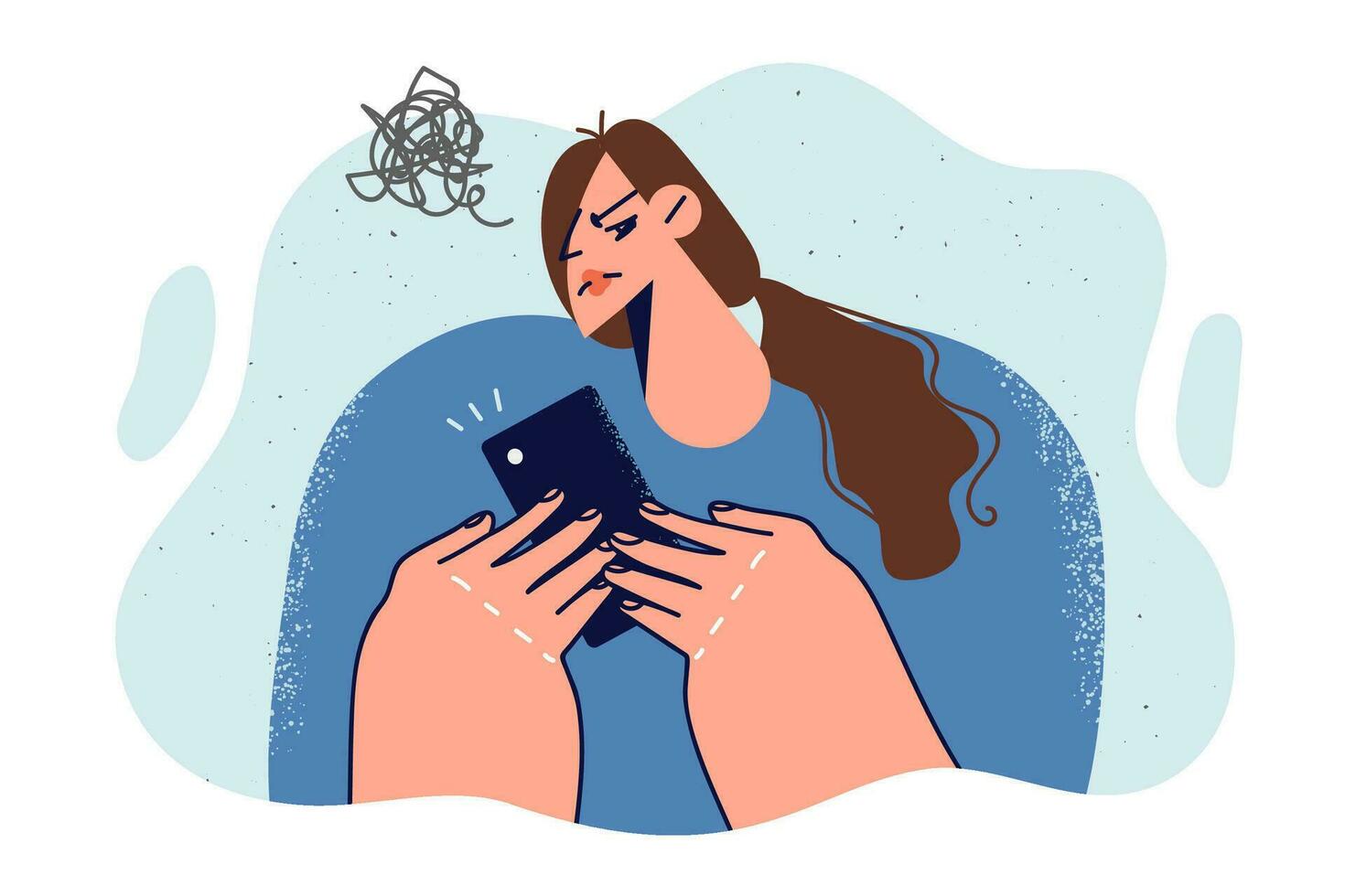 embarrassé femme avec téléphone dans mains se sent doute après recevoir méfiant SMS de escrocs. fille en train de lire faux nouvelles dans téléphone est frustré par désinformation et politique la propagande sur l'Internet vecteur