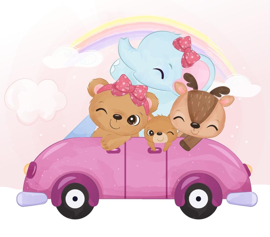 adorables bébés animaux chevauchant ensemble dans une voiture vecteur