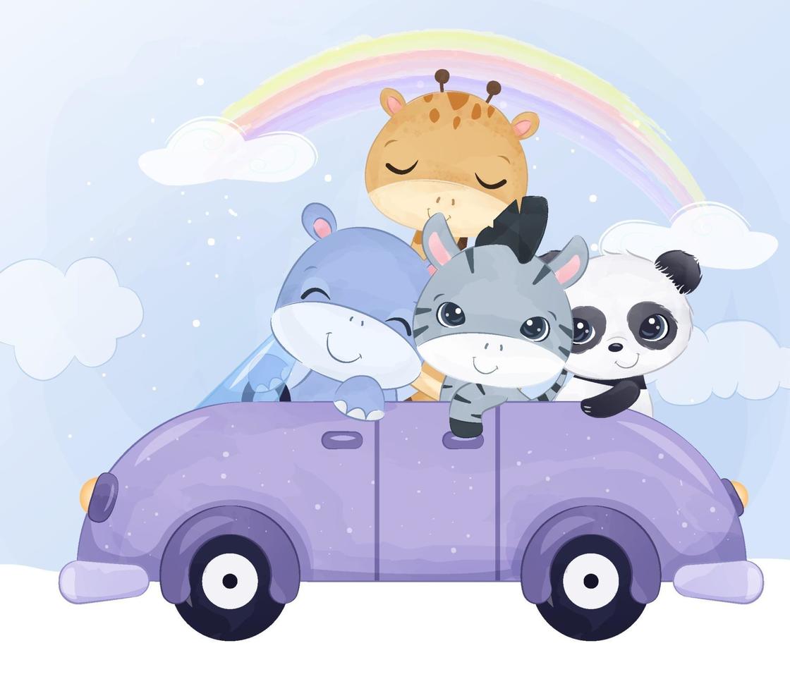 adorables bébés animaux chevauchant ensemble dans une voiture vecteur
