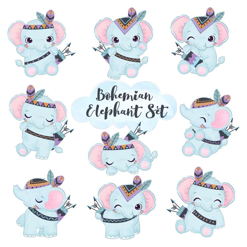 jolie petite collection d'éléphants boho à l'aquarelle vecteur