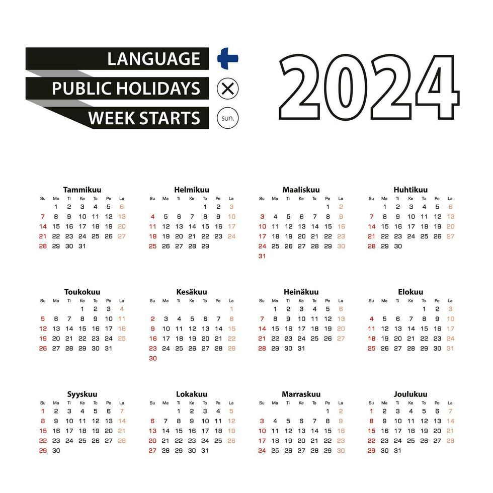 2024 calendrier dans finlandais langue, la semaine départs de dimanche. vecteur