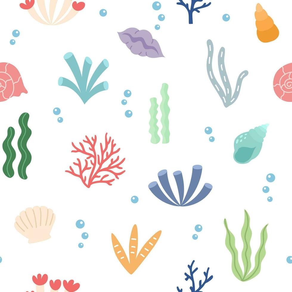 sans couture modèle avec coloré dessin animé algue, coquilles et coraux sur une blanc Contexte. mer flore conception pour imprimer, textile. vecteur illustration