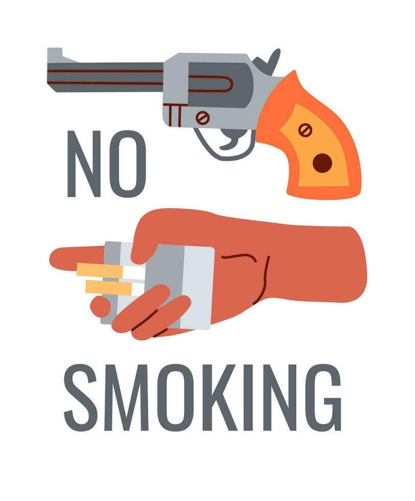 non fumeur concept. non fumeur bannière décoré pistolet et main avec pack de cigarettes. plat vecteur illustration.