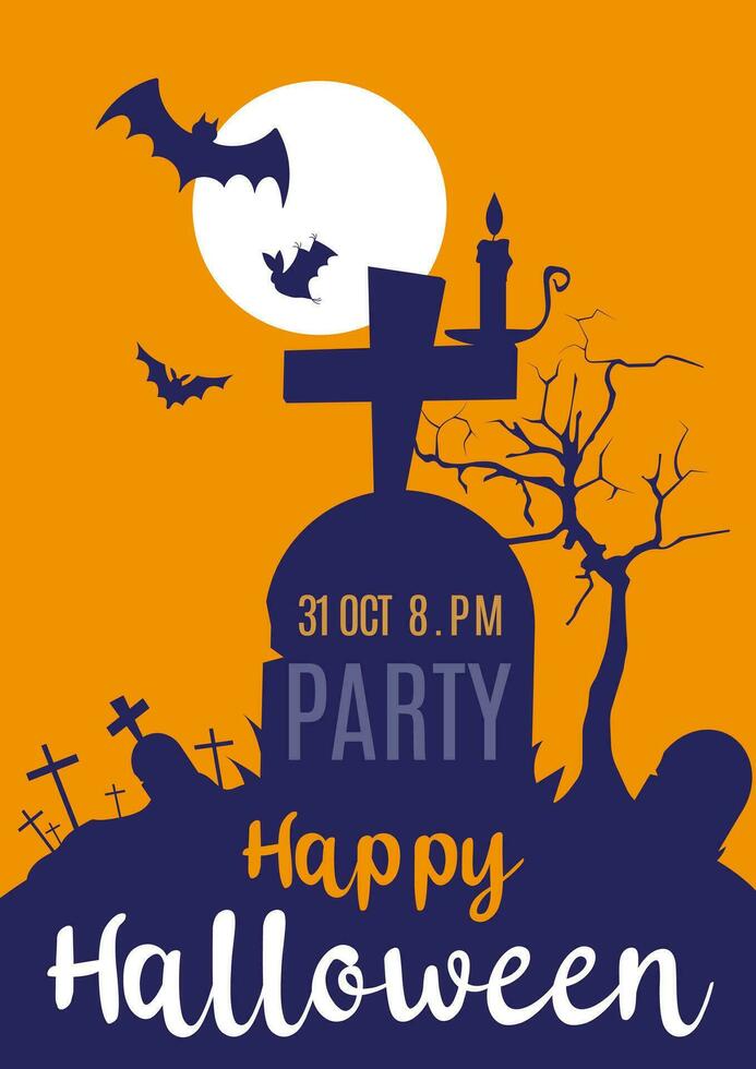 content Halloween conception avec cimetière, grave, sorcière, zombi mains, lune, arbre et chauve souris effrayant. Orange silhouette plus de Jaune arrière-plan, vecteur illustration.