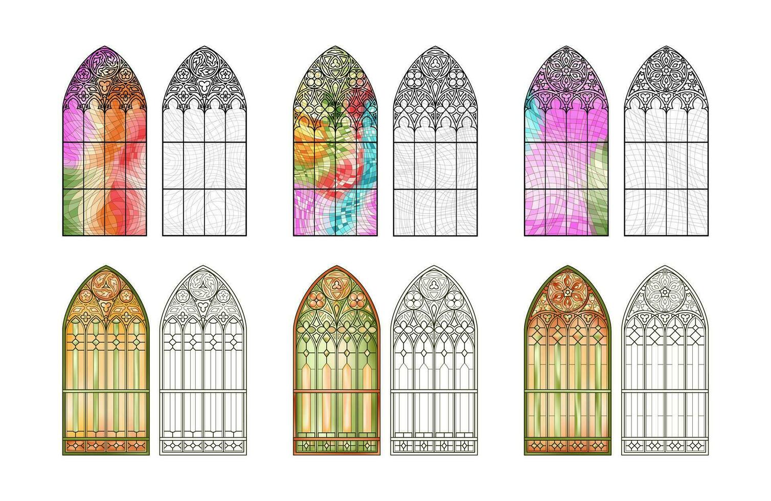 coloré église verre feuille de travail. ensemble de six différent les fenêtres. vecteur