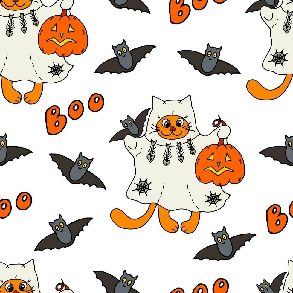 sans couture modèle mignonne gingembre dessin animé chat dans une fantôme costume avec une citrouille lanterne et en volant chauves-souris. vecteur griffonnage Halloween Contexte pour emballage, textile, fond d'écran