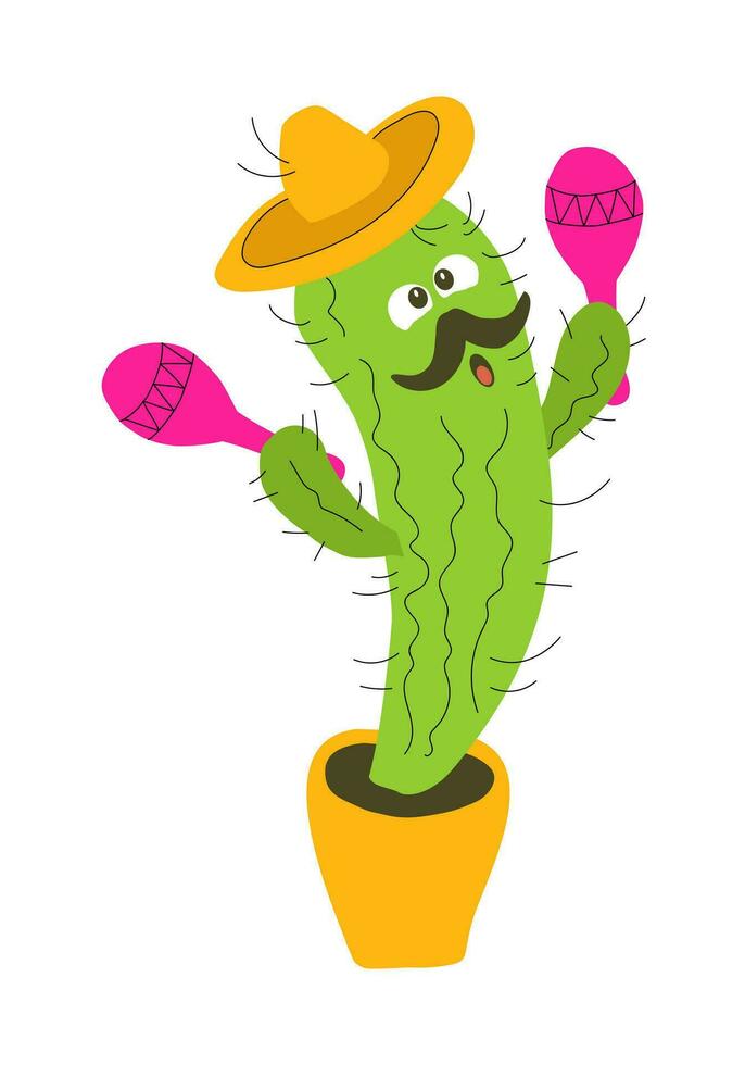 dessin animé dansant et en chantant mariachi cactus dans une pot dans une sombrero avec maracas. personnage pour le fête de le mexique nationale vacances cinco de mayonnaise. vecteur illustration