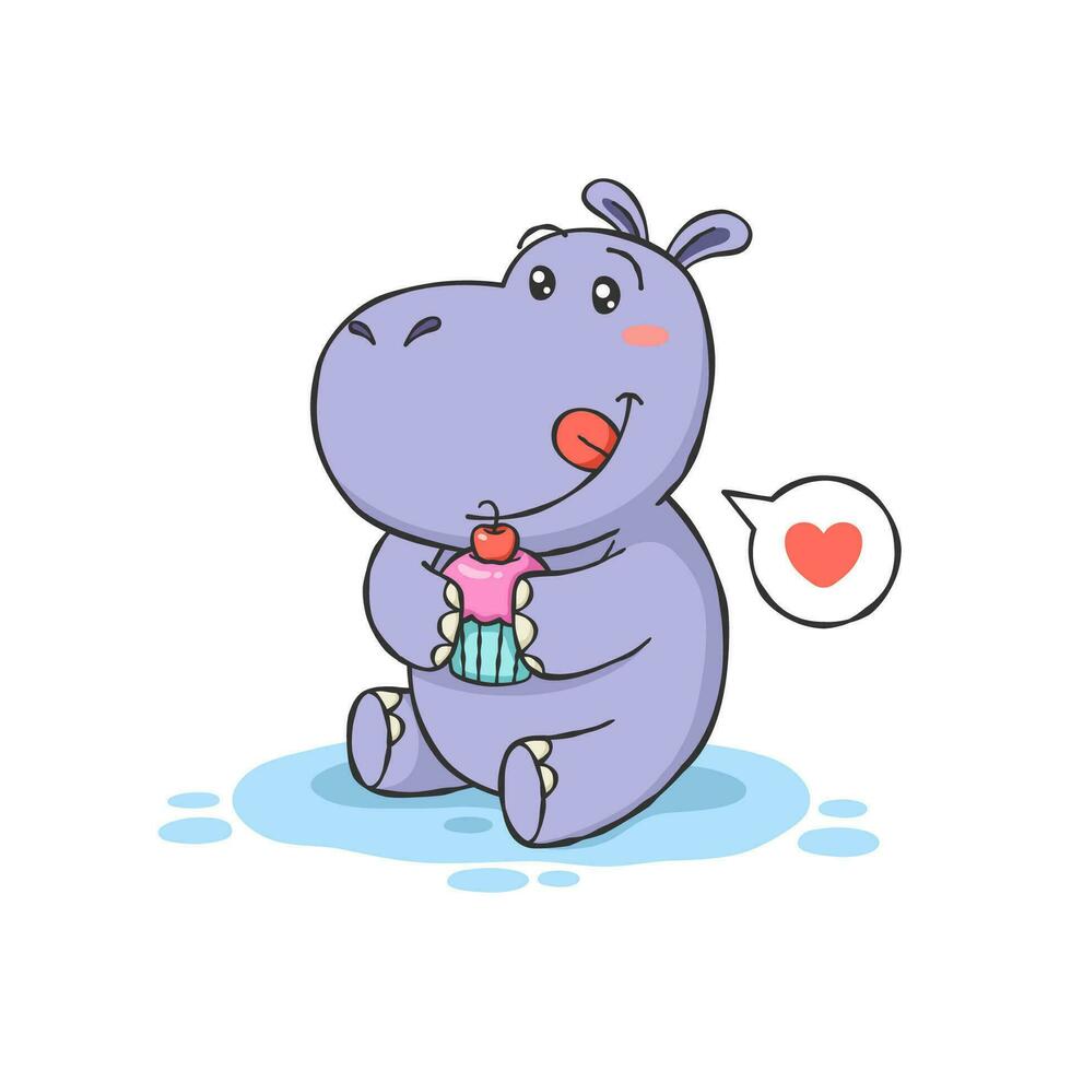 mignonne hippopotame dessin animé personnage avec petit gâteau vecteur