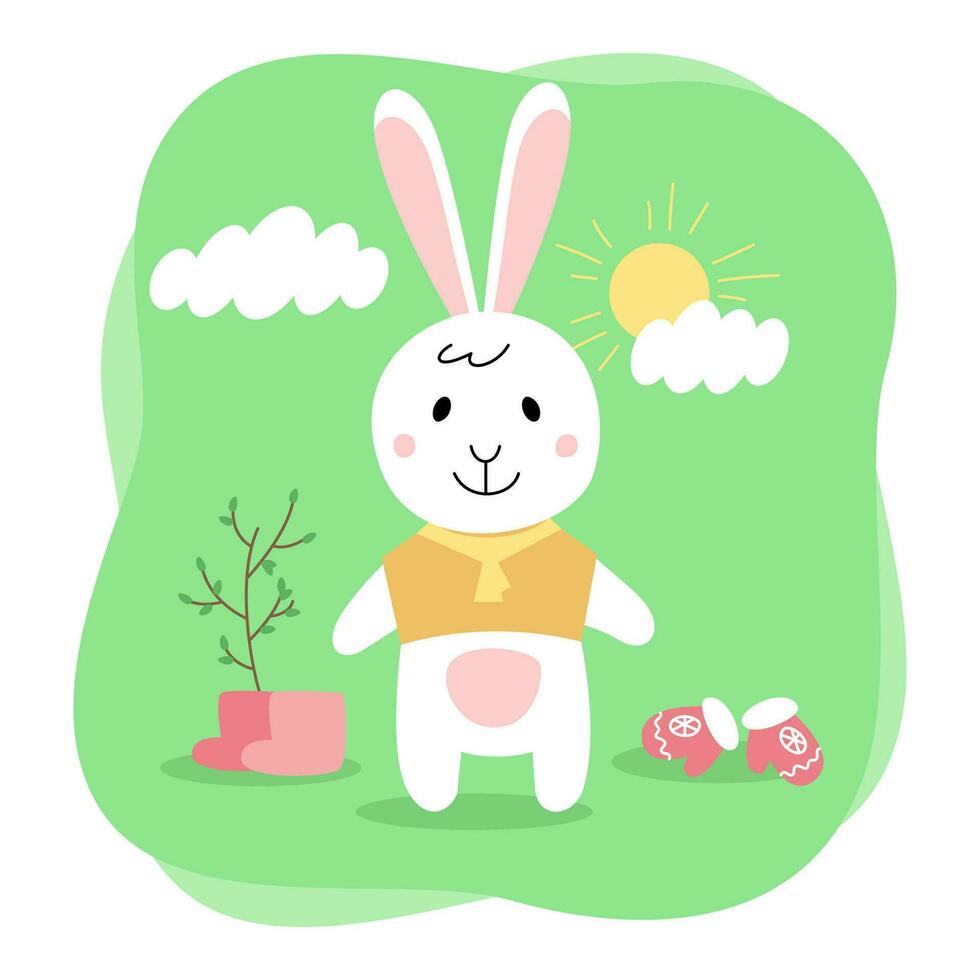 mignonne lapin. lapin dans le printemps, a pris de le sien hiver vêtements. dessin animé plat illustration isolé sur blanc Contexte vecteur