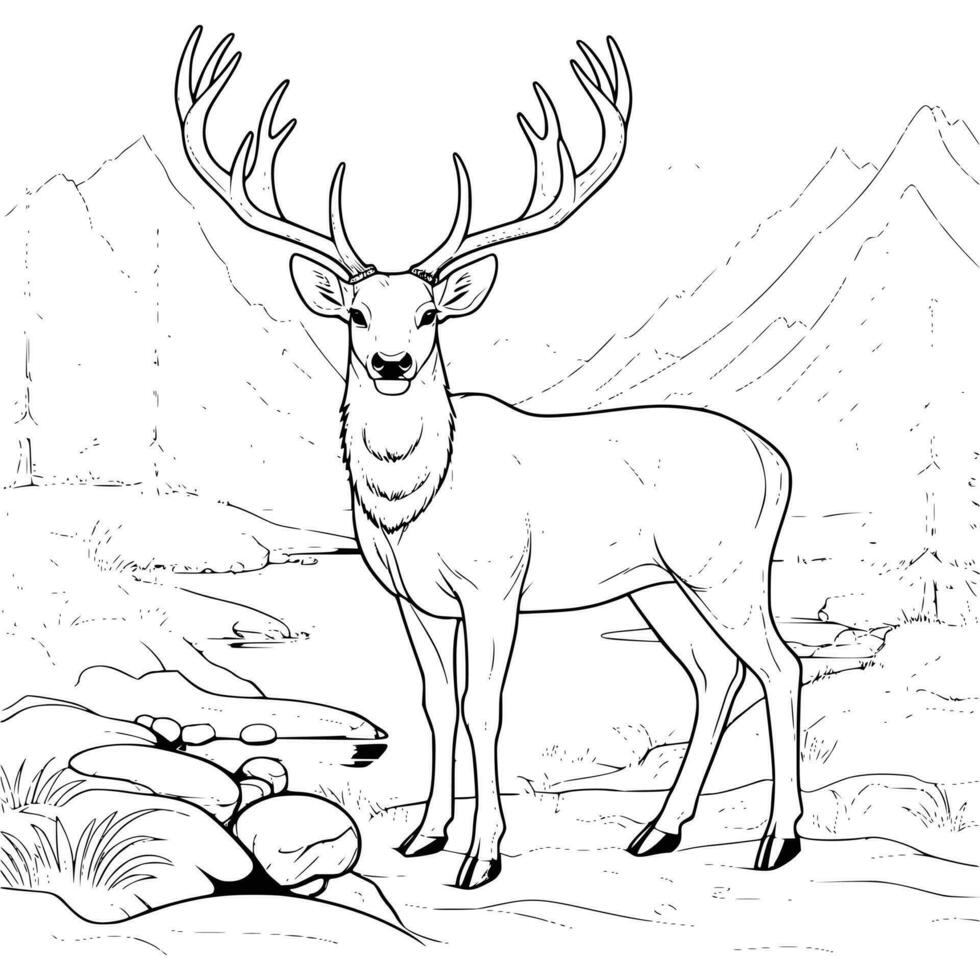 gros cerf sur le rivière banque coloration page dessin pour des gamins vecteur