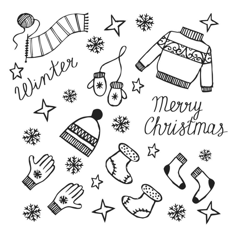 Noël symboles, main tiré griffonnages. chapeau, chandail, Mitaines, bonbons, arbre. esquisser, vecteur